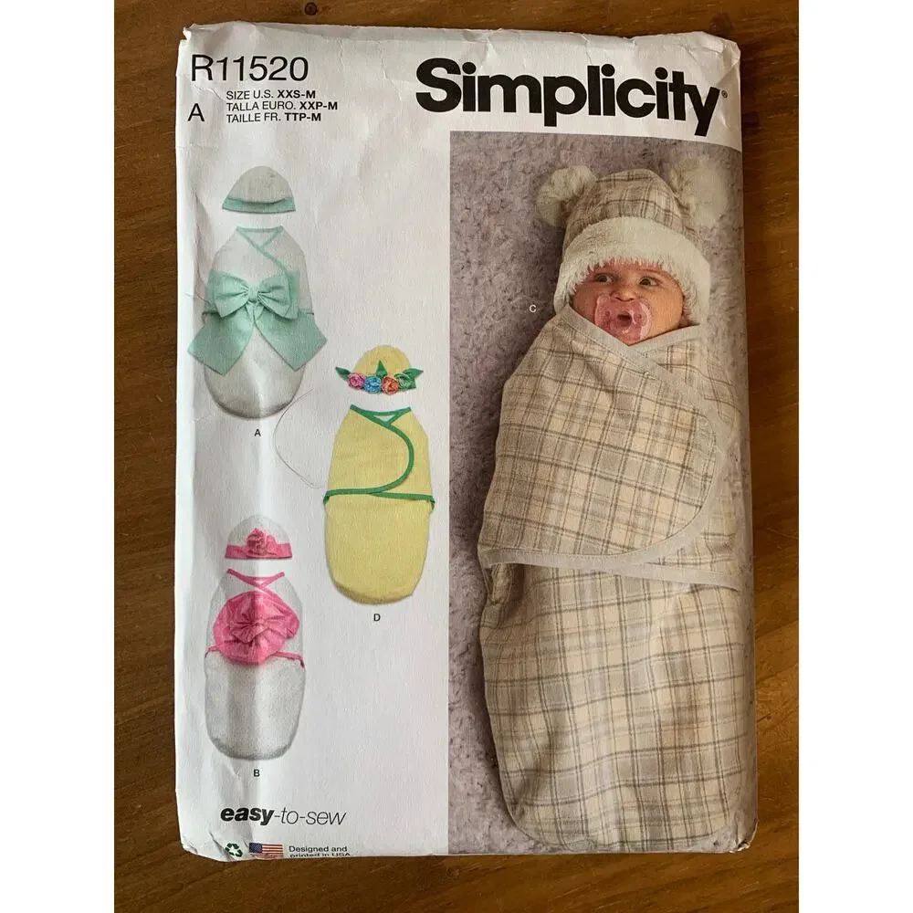 Simplicity Sewing Pattern R11520 Infant Baby Swaddling Wrap Hat US Size XXS-M